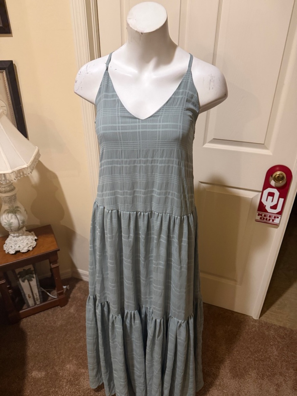 Lulu's Light Sage Grid-Texture Tiered Maxi Dress - Picture 3 of 12